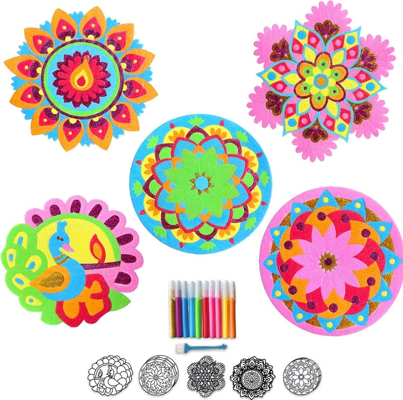 MLOLM Rangoli Mandala Sand Art Kit, 5-Piece DIY Peel and Stick Craft with Glitter Sand for Diwali, Indian Home Traditional Festival Decoration - Image 1